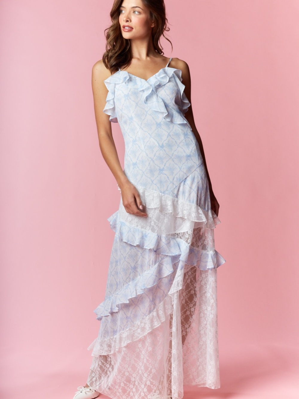Coquette Printed Lace Mixed Ruffle Maxi Dress - Picture 4 of 6